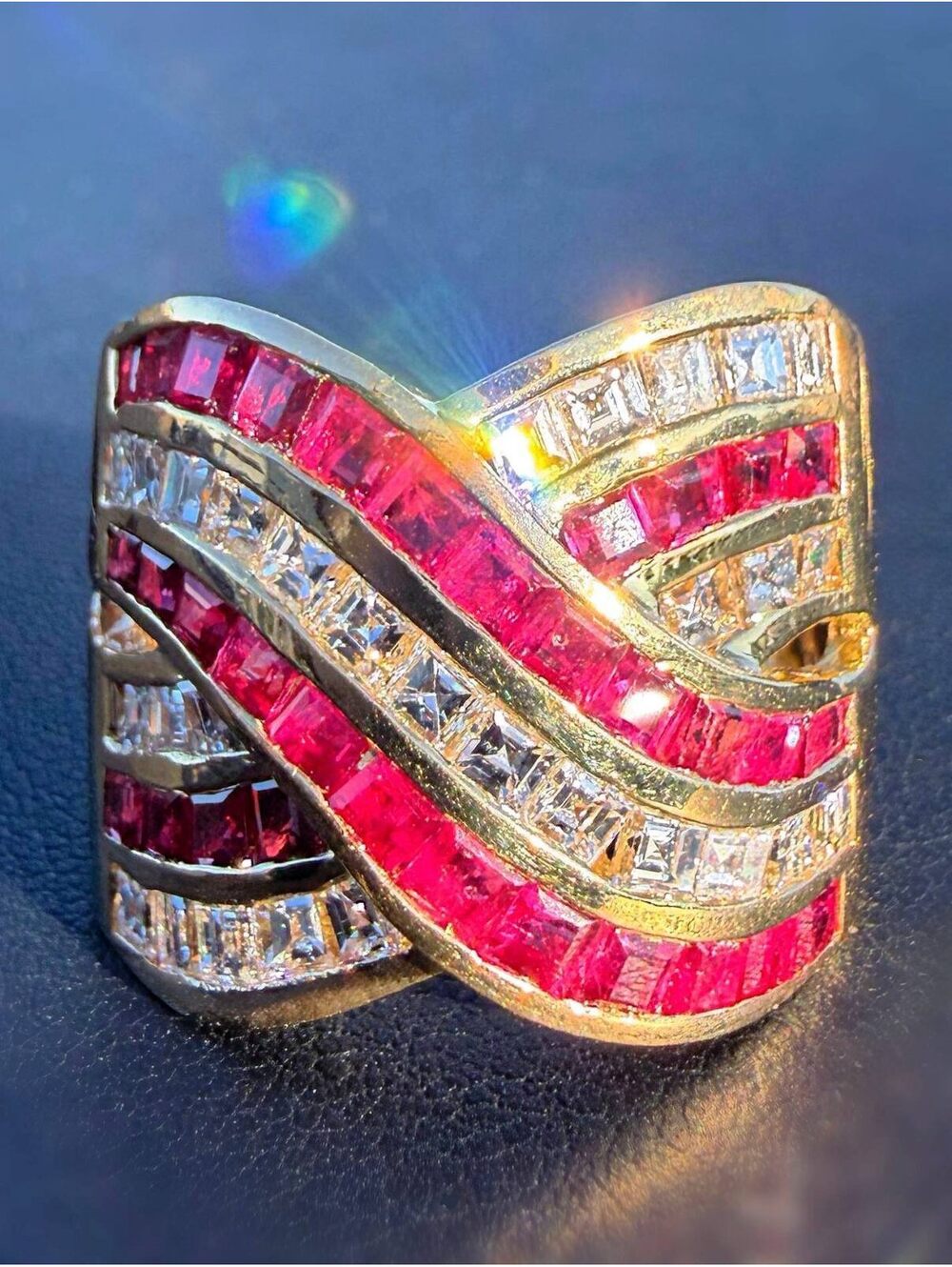 18k Yellow Gold Princess Cut Natural Diamond Ruby Crossover Cocktail Ring Sz 8